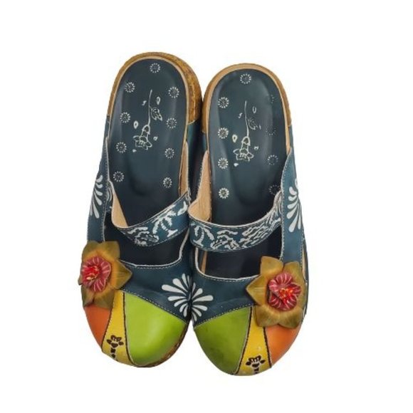 Women's Blue/Multi Flower Slip-On Leather Cut-Out Backless Platform Sandal Sz 41 - Picture 6 of 16